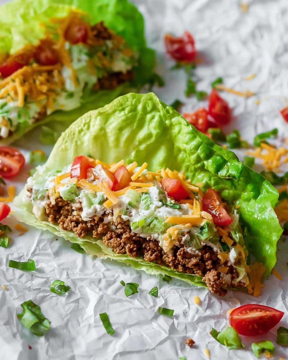 The image shows two lettuce wraps with three distinct layers inside each wrap. The outer layer is bright green, crisp lettuce leaves folded around the fillings. The first inner layer is crumbly brown ground meat placed at the bottom. On top of the meat is a white creamy layer mixed with green herbs. The middle layer has small, bright red tomato pieces scattered on the creamy layer, and the top layer is shredded yellow cheese. The wraps are on crumpled white paper with small green herbs and tomato pieces scattered around. The background is a white marbled texture. photo taken with an iphone --ar 4:5 --v 7