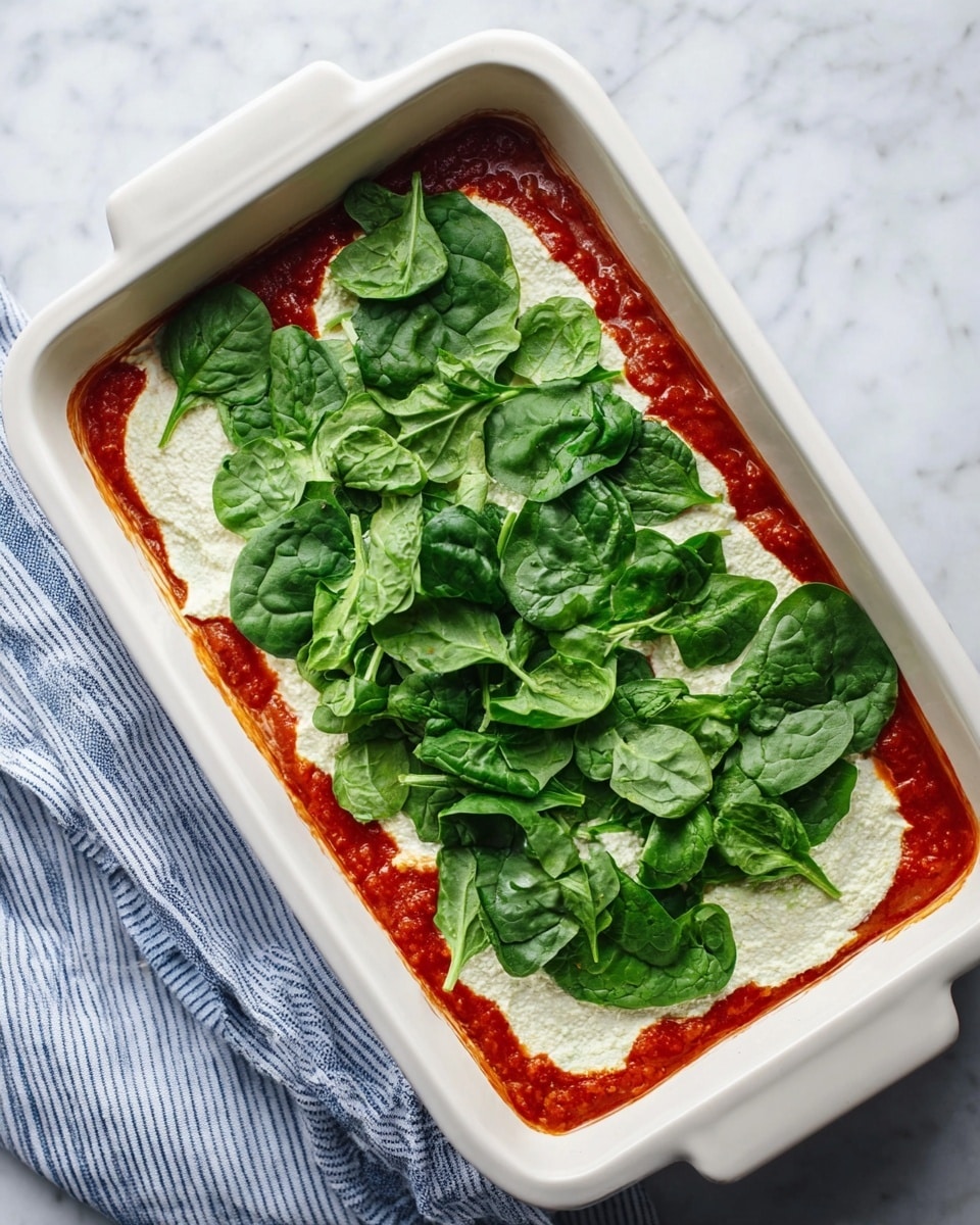 A white rectangular baking dish contains three visible layers: the bottom layer is a bright red tomato sauce spread evenly, the middle layer is a thick white creamy mixture with a slightly rough texture, topped with fresh, bright green spinach leaves scattered across the surface. The dish is placed on a white marbled surface with a blue and white striped cloth partially visible on the left side. Photo taken with an iphone --ar 4:5 --v 7
