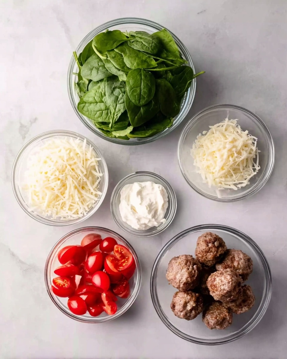 The image shows six clear glass bowls arranged on a white marbled surface. The top left bowl is filled with fresh green spinach leaves that have a smooth texture. To its right, a small bowl has shredded white cheese with a fluffy texture. Below that, another small bowl contains grated cheese, smaller and finer in texture compared to the shredded cheese. To its right, a third small bowl holds a white creamy substance with a soft texture. On the bottom left, a bowl contains halved bright red cherry tomatoes with a juicy look. Finally, on the bottom right, a bigger bowl shows four brown meatballs with a slightly rough texture. photo taken with an iphone --ar 4:5 --v 7