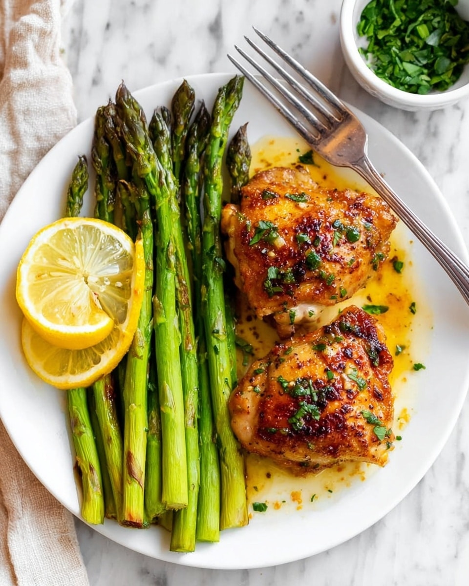 The image shows a white plate with two pieces of cooked chicken thighs on the right side, golden brown with specks of green herbs on top and a drizzle of sauce around them. On the left side, there is a neat row of bright green cooked asparagus spears. A thick yellow lemon slice rests partly on the chicken. A silver fork lies at the top of the plate, pointing inward. The plate is placed on a white marbled surface with a small white bowl filled with chopped green herbs visible in the background. Photo taken with an iphone --ar 4:5 --v 7