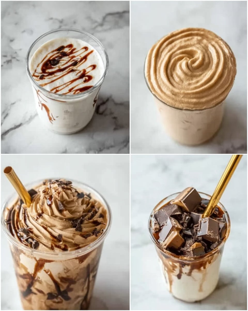 The image shows four views of a layered dessert or drink in a clear cup placed on a white marbled surface. The first layer is a creamy white base with thin drizzles of a dark brown sauce swirled on top, appearing smooth and glossy. The second view is a close-up of the top layer, which is a thick, light brown whipped cream with smooth, circular swirls creating a creamy texture. The third view features the same cup filled with the light brown whipped layer on top, swirled evenly, with visible drizzles of dark brown sauce running down the inside walls of the white cup, and pieces of dark chocolate chunks, with a gold straw inserted into the drink. The last view is a top-down shot showing a thick layer of the light brown whip with chocolate chunks on top and drizzles of the dark sauce around them, with the gold straw inserted nearby. photo taken with an iphone --ar 4:5 --v 7