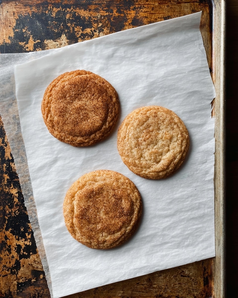 Three round cookies are placed on a sheet of white parchment paper, which is laid on a metal baking tray. The cookies vary in size, with the largest on the left, the medium one in the center, and the smallest on the right. Each cookie has a golden-brown color with a slightly darker texture in the middle, showing a soft, crumbly surface. The tray rests on a wooden surface with dark patches, though this changes to a white marbled texture as per instructions. photo taken with an iphone --ar 4:5 --v 7