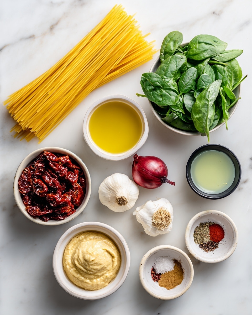 A group of ingredients is arranged neatly on a white marbled surface. At the top lies a bundle of uncooked yellow pasta strands. Below and to the left, a small white bowl holds golden olive oil, and next to it on the right is a small black bowl with pale green lemon juice. To the left is a small red onion and two white garlic cloves, while to the right is a white bowl with fresh dark green spinach leaves and nearby a sprig of bright green basil. Below, a white bowl is filled with dark red sun-dried tomatoes, and beside it on the right is a small white plate with salt, a brown cumin powder, a dark black pepper powder, and red chili powder. At the bottom, a white bowl holds smooth, pale yellow hummus. The whole setup is clean and well spaced on the white marbled surface photo taken with an iphone --ar 4:5 --v 7