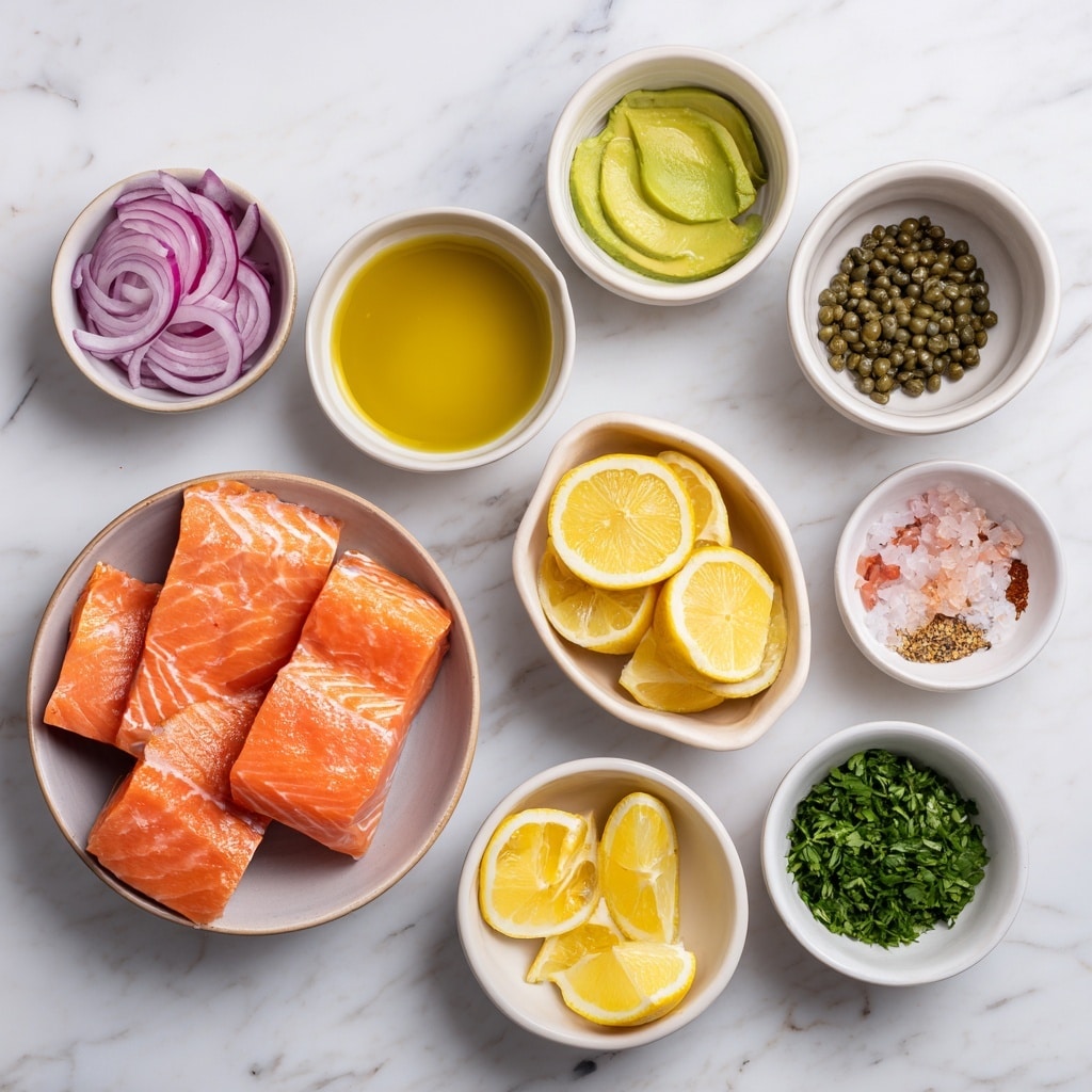 Two cooked salmon fillets lie side by side on a white plate, each topped with a thin bright yellow lemon slice. The salmon has a warm pink-orange color with slight charring and is covered in a glossy, light beige sauce with small diced onions and green capers scattered throughout. Finely chopped green herbs are sprinkled over the salmon and sauce, adding fresh contrast. The plate rests on a white marbled surface. photo taken with an iphone --ar 4:5 --v 7