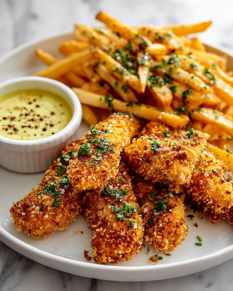The image shows a white plate filled with golden-brown crispy chicken strips placed in the front, each strip coated with a crunchy, textured crust and sprinkled with green chopped herbs. Behind the chicken strips, there is a pile of golden French fries with some green herb garnish scattered on top. On the left side of the plate, a small white round bowl contains a creamy, light yellow dipping sauce topped with black pepper and more green herbs. The plate sits on a white marbled surface. photo taken with an iphone --ar 4:5 --v 7