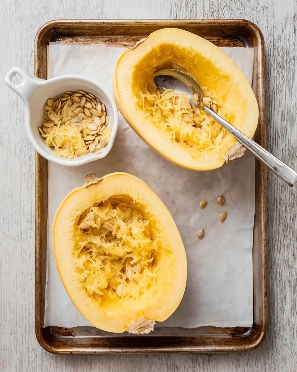 The image shows two halves of a pale yellow spaghetti squash with the seeds and soft strands scooped out, placed on a metal baking tray lined with parchment paper. One half has a silver spoon resting inside it. Next to the squash halves is a white measuring cup filled with a mix of yellowish squash strands and scattered seeds. The tray is set on a white marbled surface with a light wood textured background. photo taken with an iphone --ar 4:5 --v 7