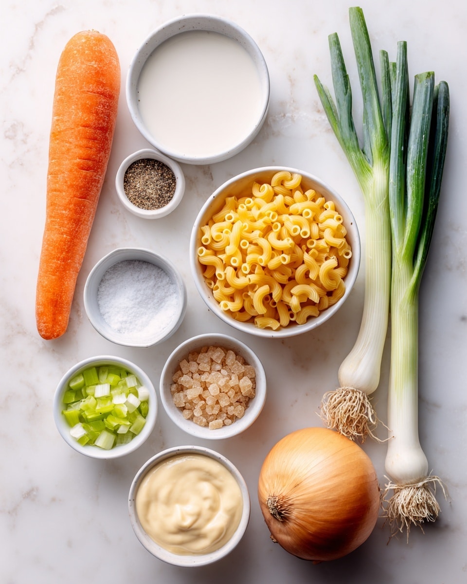 The image shows several ingredients arranged neatly on a white marbled surface. Starting from the top left, there is a whole orange carrot with a smooth texture. Next to it is a small white bowl filled with white oat milk. To the right of that is a smaller white bowl with ground pepper that looks like a fine brown powder. Below the oat milk is a round white bowl filled with uncooked yellow macaroni pasta, showing its elbow shape clearly. To the right of the macaroni is a tiny white bowl holding light brown sugar crystals. Below the pepper is a white bowl filled with creamy, pale yellow vegan mayo with a smooth texture. Below the brown sugar is an empty small white bowl with a tiny amount of white salt. To the left of the salt is a small white bowl with chopped green celery pieces. Next to the celery is a tiny white bowl containing light brown vinegar. On the right side of the image, there is a bunch of long green onions with their white bulbs showing at the bottom. Finally, a whole yellow onion with a dry, papery outer layer is placed at the bottom right corner. All elements are spaced evenly and labeled in black font. photo taken with an iphone --ar 4:5 --v 7