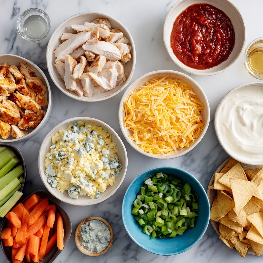 A black cast iron pan filled with a thick, creamy orange dip as the base layer, topped with melted bright yellow cheddar cheese spread evenly. On top of the cheddar cheese are crumbled small chunks of white and light blue cheese scattered mostly in the center, with thin slices of fresh green onions interspersed. The pan is placed on a wooden surface with light brown tortilla chips around it and some green celery leaves partially visible. Photo taken with an iphone --ar 4:5 --v 7