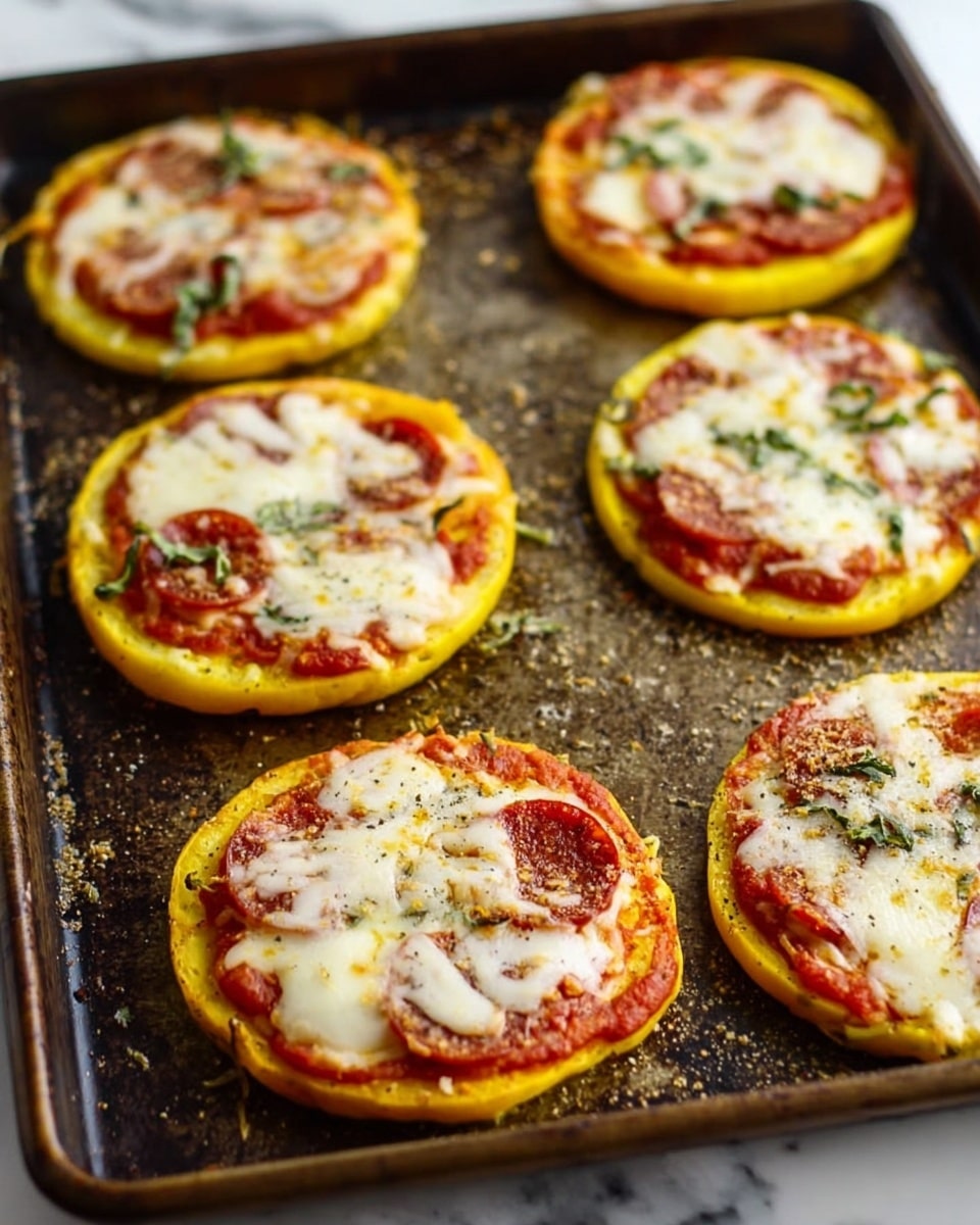 Six small round mini pizzas are placed on a dark metal baking tray with some scattered seasoning bits around. Each pizza has three visible layers: a thick yellow crust base made from sliced squash, topped with a red tomato sauce layer, and finished with a melted white cheese layer that covers bits of pepperoni and green herbs. The tray sits on a white marbled surface. photo taken with an iphone --ar 4:5 --v 7