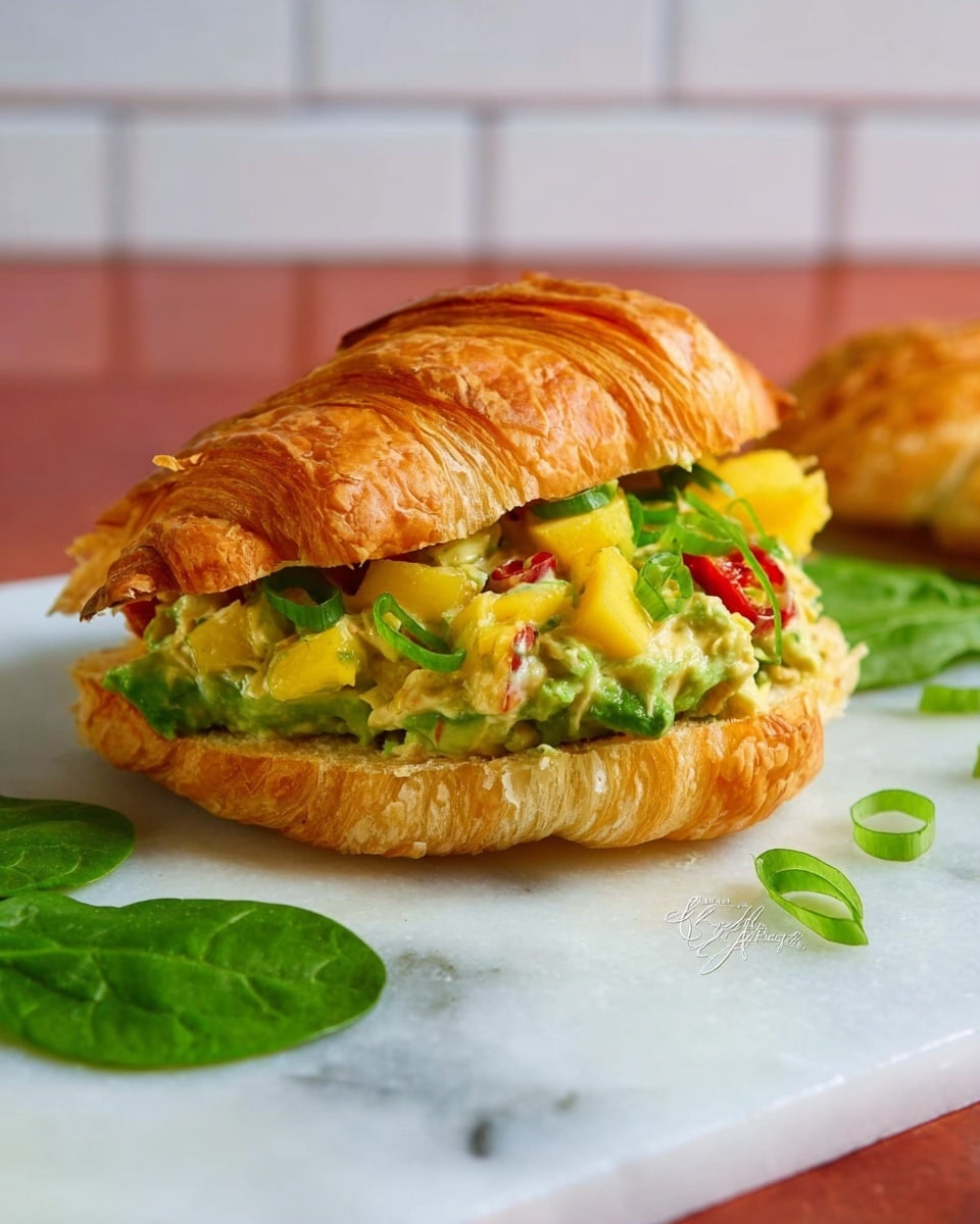 The image shows a sandwich with two layers: a golden brown, flaky croissant split open to hold a creamy mixture of diced yellow mango pieces, light green avocado chunks, small red bits, and sprinkled with sliced green onions on top. The sandwich sits on a white marbled surface with a few green spinach leaves nearby. The background features a soft-white tiled wall that is blurred out, focusing attention on the fresh and colorful sandwich filling. photo taken with an iphone --ar 4:5 --v 7