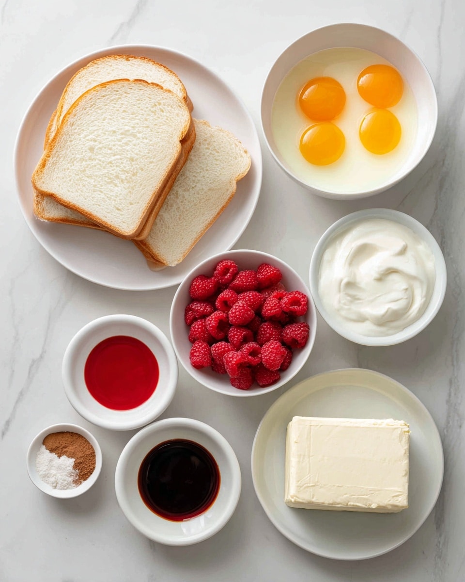 The image shows seven small white bowls and a white plate arranged on a white marbled surface. The white plate holds four slices of plain white bread stacked in a fan shape. One large white bowl contains four raw eggs with bright yellow yolks sitting in clear egg whites. Another large white bowl is filled with smooth, white buttermilk. A medium white bowl is full of fresh red raspberries, tightly packed. A small white bowl contains a dark brown thick vanilla bean paste. Next to it, a small white bowl is filled with bright red food coloring liquid. Another small white bowl holds a light brown powder labeled as unsweetened cocoa powder. A final white plate holds a block of pale cream reduced fat cream cheese with a small amount of liquid beside it. All the bowls and plate have clean edges and the colors of ingredients contrast distinctly. The setup is neat and bright, with a clear focus on each ingredient. photo taken with an iphone --ar 4:5 --v 7