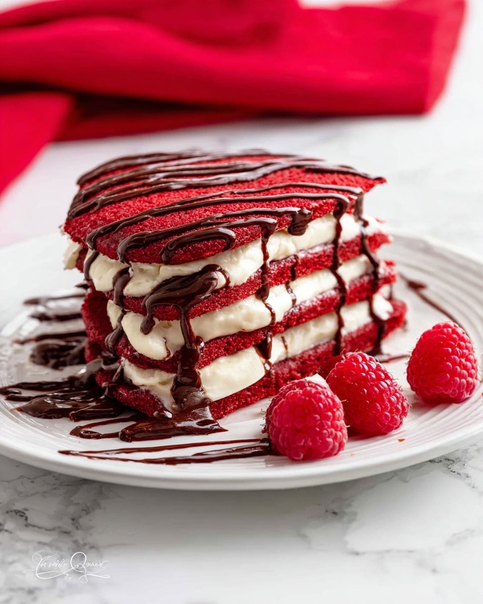 A slice of red velvet cake roll lies on a white plate with a white marbled texture underneath. The cake has three bright red layers with a soft, spongy texture, separated by thick white cream layers that look smooth and fluffy. On top, there is a generous dollop of the same creamy white frosting, with thin dark brown chocolate lines drizzled over it and across the cake, adding contrast. A silver fork rests in front of the cake, and a knife with some cream and chocolate on it is positioned to the side. The image is sharp, showing texture details of the cake and cream. photo taken with an iphone --ar 4:5 --v 7
