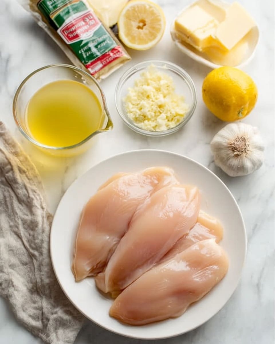 The image shows a white plate with four raw chicken fillets arranged side by side, their smooth, pale pink surface clearly visible. Behind the plate, on a white marbled textured surface, there is a clear glass measuring cup filled with light yellow liquid broth, a small glass bowl with pale yellow lemon juice, a lemon cut in half, a pack of Italian seasoning, a stick of light yellow butter, two garlic cloves, and a small bowl of finely minced garlic. A woman's hand is gently holding the small glass bowl with lemon juice. photo taken with an iphone --ar 4:5 --v 7