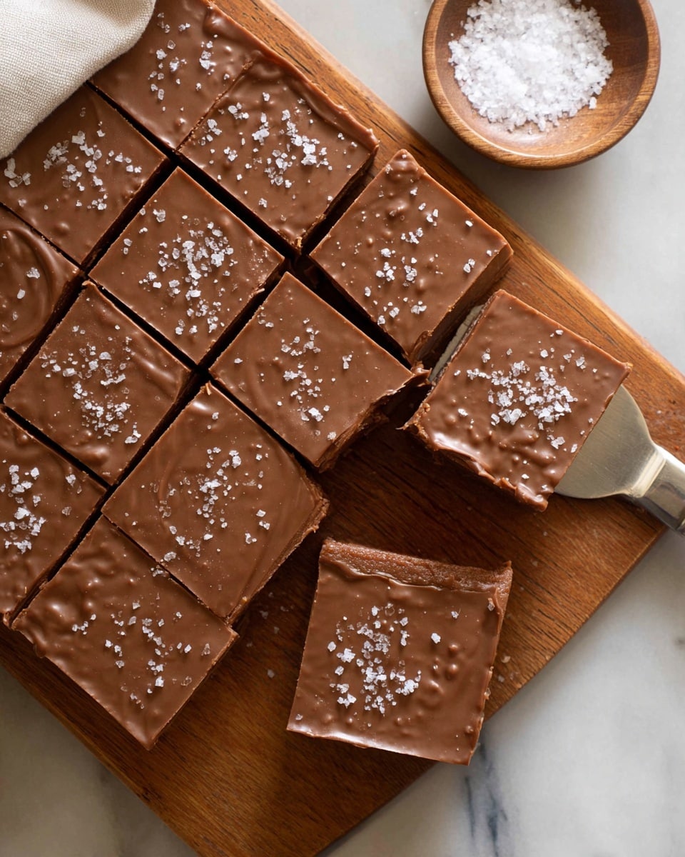 This image shows a wooden board with nine square pieces of chocolate fudge, each topped with a light sprinkle of coarse salt flakes. The chocolate has a smooth, glossy surface with tiny bumps giving a slight texture, and the fudge is cut cleanly into squares. One square piece is being lifted by a metal spatula, revealing a rich, dense, smooth inside layer beneath the shiny chocolate top. On the top right, there is a small wooden bowl filled with white coarse salt, placed on a white marbled surface. The overall look is neat and inviting, with soft natural light highlighting the details of the chocolate and salt. Photo taken with an iphone --ar 4:5 --v 7