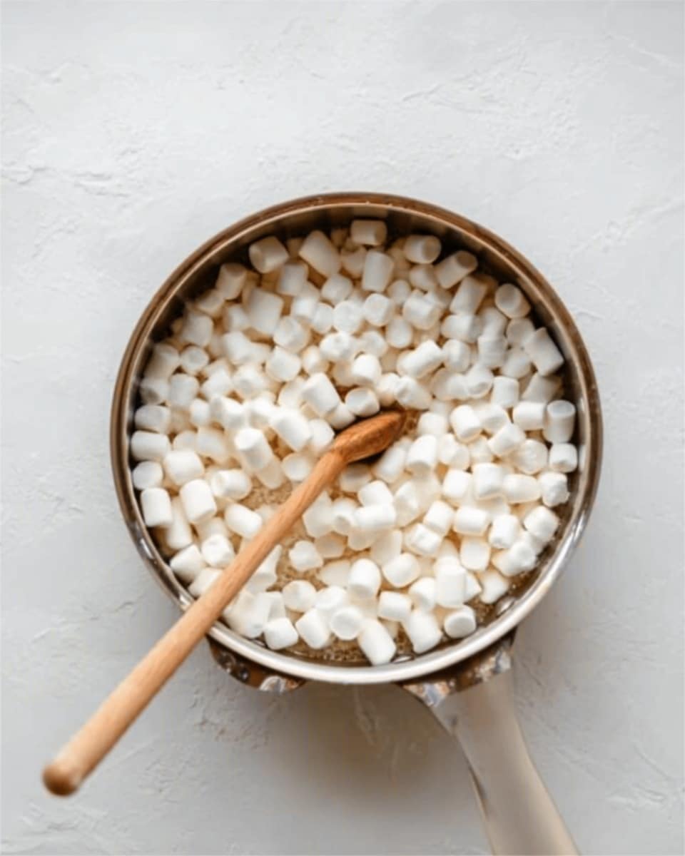 A silver pan filled with many small, white marshmallows on a white marbled background. A wooden spoon is stirring the marshmallows inside the pan. photo taken with an iphone --ar 4:5 --v 7