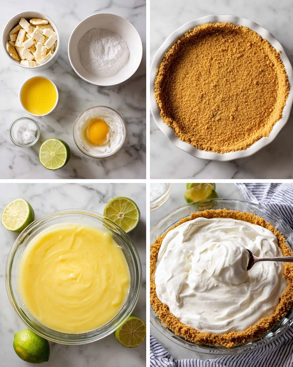The images show the process of making a lemon-lime pie. The first image has ingredients on a white marbled surface: eggs, crackers in a white bowl, cream, lime and lemon, sugar, butter, and a white bowl of whipped cream. Then, a clear glass bowl has a mix of yellow melted butter, white sugar, and cracker crumbs. The crumbs are pressed evenly inside a clear glass pie dish to make a thick golden-brown crust with a rough texture. Next, another clear bowl shows beaten yellow egg yolks and then a creamy yellow mixture with condensed milk. This creamy mix is poured smoothly over the crust in the pie dish, forming one thick yellow layer. After, a woman’s hand is shown spooning a thick white whipped cream layer on top of the yellow filling, finally spreading it to cover the pie with a fluffy white top layer, with some lime and lemon around as decoration. The dish and all bowls sit on a white marbled surface with a striped cloth nearby. photo taken with an iphone --ar 4:5 --v 7