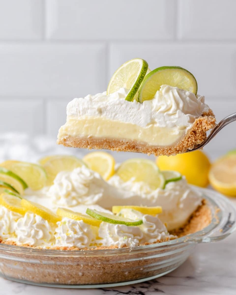 A slice of creamy lemon pie is held on a silver fork above a clear glass pie dish filled with the pie. The pie has three layers: a crumbly golden brown crust at the bottom, a thick pale yellow lemon filling in the middle, and a thick white whipped cream topping with soft peaks. The top is decorated with alternating thin slices of lemon and lime standing upright around the edge, and small swirls of whipped cream are seen between the slices. The background has a white marbled surface and a white tiled wall. Photo taken with an iphone --ar 4:5 --v 7
