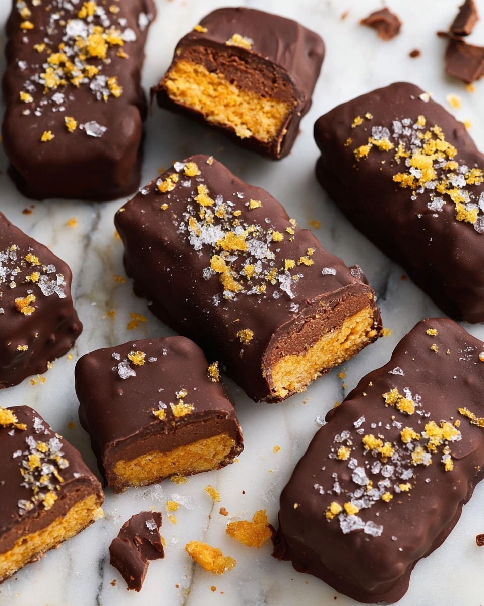 The image shows several rectangular chocolate-covered bars with a rough texture on the chocolate coating. Each bar has two layers: a bright orange crunchy inner layer visible in some bars that are cut in half, and a thick dark brown chocolate outer layer. The tops of the bars are sprinkled with small yellow crunchy flakes and coarse white salt crystals. The bars are laid out on a white marbled surface with some crumbs scattered around. The scene captures the rich texture and detail of the chocolate and crunchy layers. Photo taken with an iphone --ar 4:5 --v 7