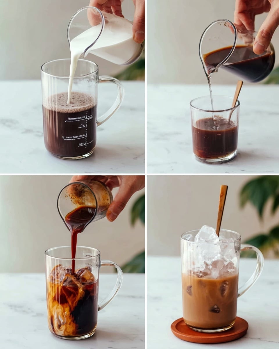 The image shows four steps of making a chocolate drink in a clear glass measuring jug, placed on a white marbled surface. In the first step, a woman’s hand pours white liquid into the jug, which already contains dark brown chocolate syrup at the bottom. In the second, a woman’s hand pours a thicker dark brown liquid in a small glass into the jug, now with light brown mixed liquid and chocolate syrup swirling. The third step shows a woman’s hand stirring the liquid with a wooden stick, mixing the drink to a smooth medium brown color. In the fourth step, a woman’s hand pours the brown drink from the jug into a tall clear glass filled with ice cubes, which sits on a small round brown coaster. Photo taken with an iphone --ar 4:5 --v 7