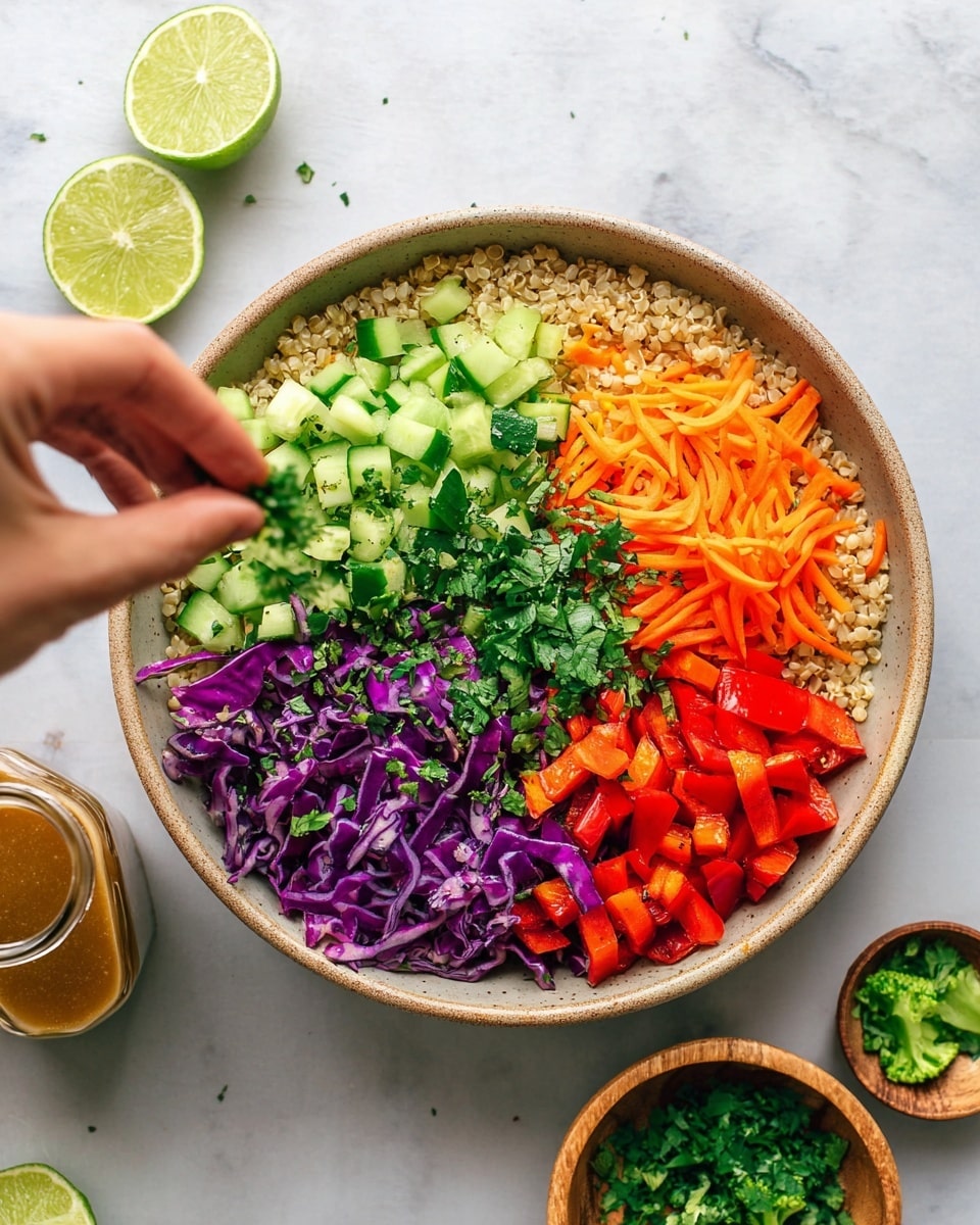 A bowl with five colorful layers of food arranged side by side on top of a light beige grain base; starting from the left, there are green chopped cucumbers with fresh green herbs sprinkled on top, followed by bright orange chopped carrots, then red chopped bell peppers, next is purple shredded cabbage, and everything is garnished with small pieces of green onion. A woman's hand is sprinkling fresh green herbs on the top left side of the bowl. The bowl sits on a white marbled surface with a small jar of brown dressing below and two small wooden bowls of green herbs to the right. Two halves of a green lime are on the upper left side of the frame. photo taken with an iphone --ar 4:5 --v 7