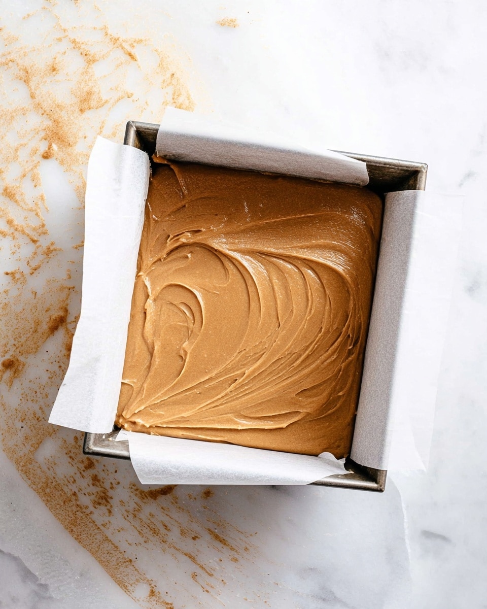 A close-up view of a rectangular metal baking pan lined with white parchment paper, filled with one smooth, thick layer of light brown batter that has gentle swirling textures on top, sitting on a white marbled surface with a piece of parchment paper nearby showing light brown smudges. photo taken with an iphone --ar 4:5 --v 7