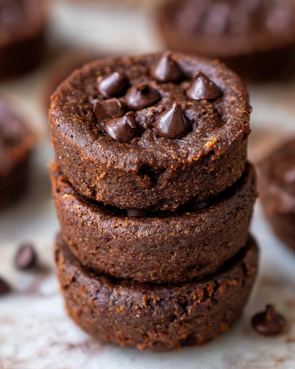 The image shows a stack of three thick, round chocolate treats with a rough, slightly cracked texture. Each piece is deep brown and studded with several shiny, dark chocolate chips on top. The treats look moist and dense, with a rich chocolate color that varies from dark to slightly lighter around the edges. The background is blurred but appears to be a white marbled surface, with other similar chocolate treats scattered around. Photo taken with an iphone --ar 4:5 --v 7