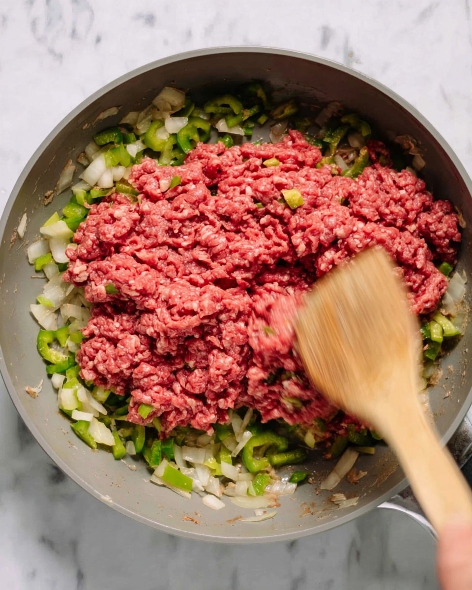 The image shows a close-up of a pan with a dish made of small, rice-shaped pasta cooked with ground meat and green bell peppers. The pasta is coated in a golden-orange sauce that gives it a shiny texture. The ground meat pieces are brown and scattered evenly throughout the dish. The green bell peppers add small bursts of color among the pasta and meat. A silver spoon is scooping a portion, lifting it from the pan which has some leftover sauce around the edges. The pan sits on a white marbled surface. photo taken with an iphone --ar 4:5 --v 7