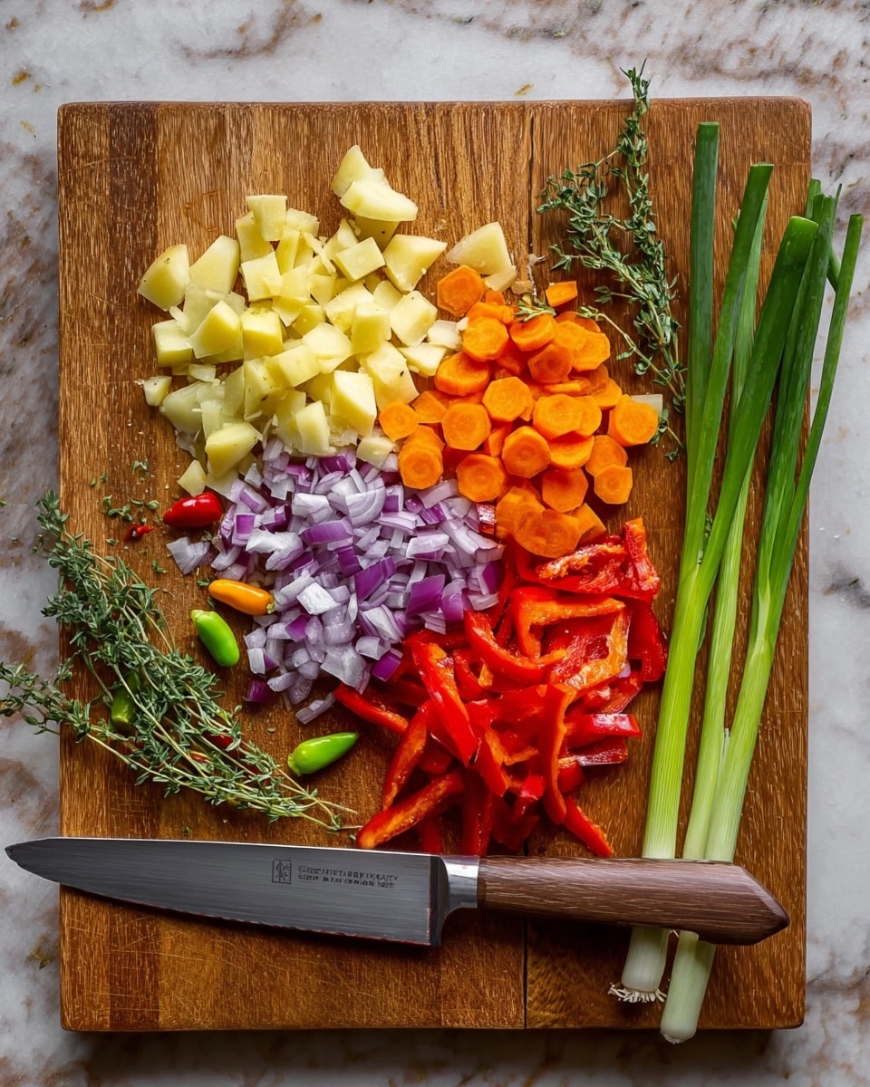 A wooden cutting board sits on a white marbled surface, displaying a colorful array of chopped vegetables. Starting from the left, there are pale yellow potato pieces roughly chopped in small chunks. Next to the potatoes are bright orange carrot slices cut into rounds. In the center, finely chopped red onion pieces add a mix of purple and white hues. Above these, there are a few sprigs of fresh green thyme. To the right, thin red bell pepper strips are arranged in a neat pile. At the far right, three long green onion stalks lay across the board, with their roots showing at the bottom. Near the center-left, there are two small whole peppers, one light green and one red. A large silver knife with a brown wooden handle rests on the bottom right corner of the board, partially over the green onions. photo taken with an iphone --ar 4:5 --v 7