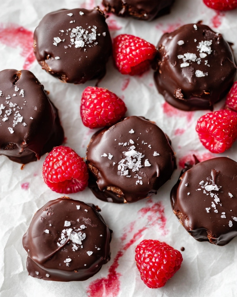 The image shows several small round treats covered in a smooth, dark chocolate layer with a slightly uneven texture and a few scattered flakes of sea salt on top, resting on white paper with red raspberry juice stains. Bright red fresh raspberries are placed between the chocolate pieces, adding vibrant color contrast. The whole scene is set on a white marbled textured surface, highlighting the rich dark brown of the chocolate and fresh red raspberries. photo taken with an iphone --ar 4:5 --v 7