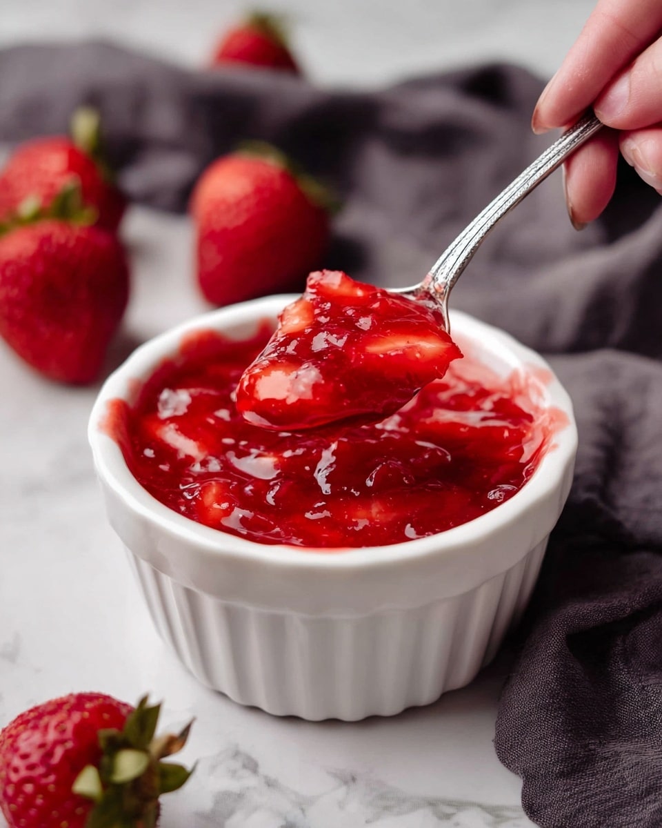 A white fluted bowl filled with bright red chunky strawberry sauce that looks thick and glossy, with pieces of strawberries visible. A silver spoon is scooping some of the sauce, held by a woman's hand. Around the bowl, there are fresh whole strawberries with green tops and a dark gray cloth in the background. The whole scene is set on a white marbled surface. photo taken with an iphone --ar 4:5 --v 7