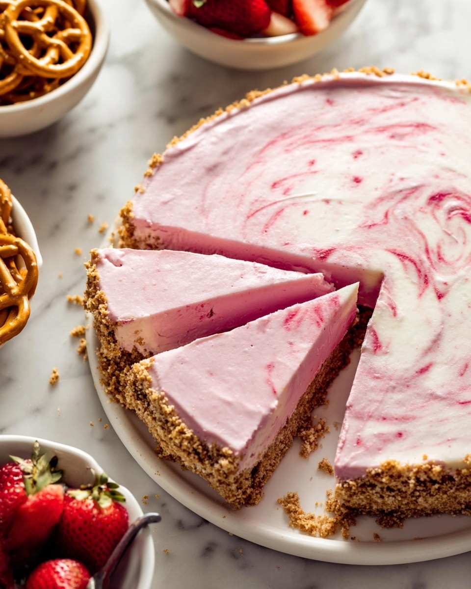 A close-up view of a pink, creamy pie sliced into pieces on a white plate, showing three visible layers: a thick, crumbly light brown crust on the bottom and edges, a smooth, bright pink filling in the middle with some darker pink swirls, and a lighter pink creamy top layer covering the whole surface; some crumbs are scattered around the pie on the white marbled surface; nearby, a white bowl with pretzels and another white bowl with fresh red strawberries are partially visible along the edge; the photo taken with an iphone --ar 4:5 --v 7