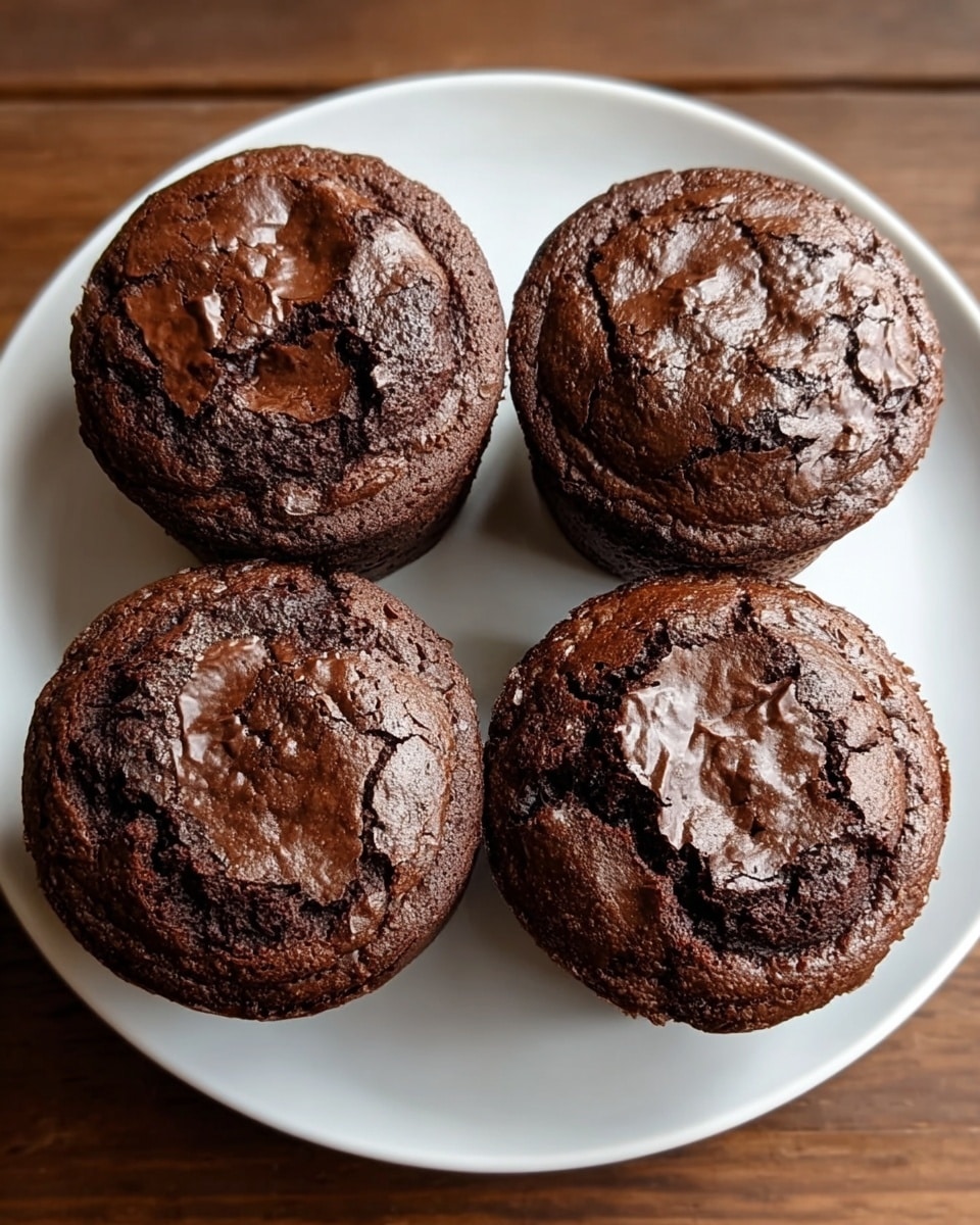 The image shows four chocolate muffins placed close together on a wooden board. Each muffin has a cracked, textured top with three chocolate chips sitting on the surface, and a light sprinkling of white sugar flakes scattered unevenly over them. The muffins are deep brown and have a slightly crumbly appearance, rising higher in the center. The background features a blurred white marbled surface with a whisk and a beige cloth adding a soft touch to the scene. Photo taken with an iphone --ar 4:5 --v 7