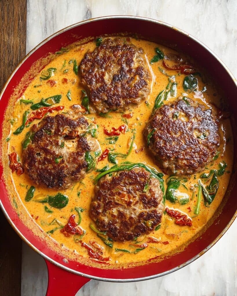 Tuscan Hamburger Steaks with Sun-Dried Tomatoes and Spinach in Creamy Italian Sauce Recipe