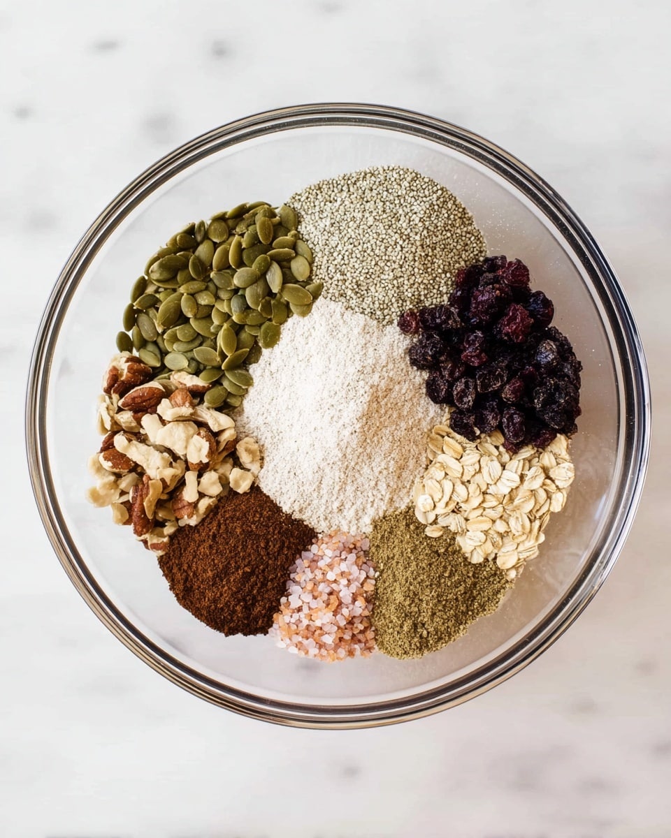 A clear glass bowl filled with nine distinct piles of dry ingredients arranged in a circle. Starting from the top and moving clockwise, there are green pumpkin seeds, off-white hemp seeds, white baking powder, light brown sliced nuts, dark dried berries, medium brown flax seeds, white flour, dark brown cinnamon powder, light tan rolled oats, and small pink salt crystals. Each ingredient forms a separate mound, showing different textures and shades. The bowl sits on a surface with a white marbled texture. photo taken with an iphone --ar 4:5 --v 7