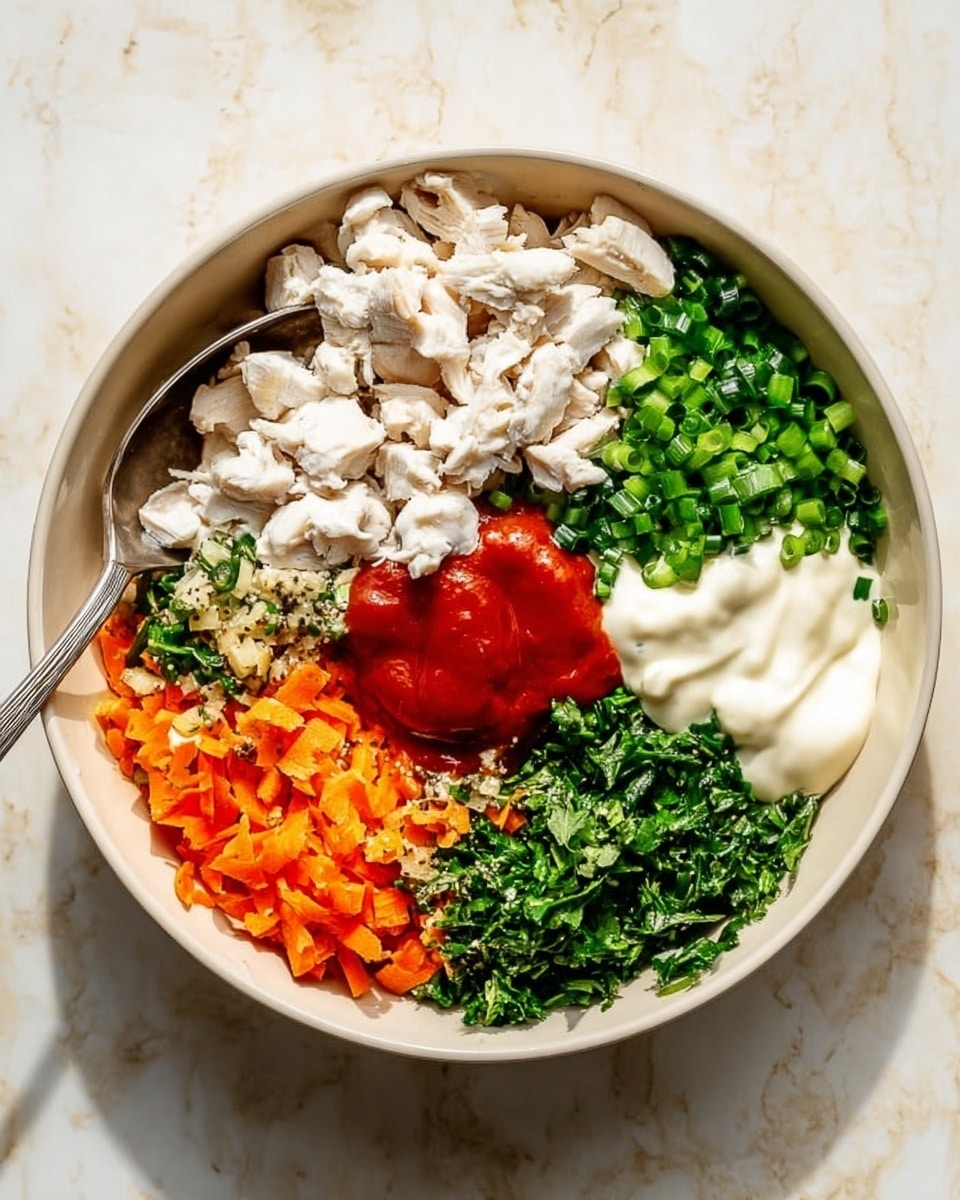 A white bowl sits on a white marbled surface filled with six layers of ingredients arranged in sections without mixing. The top left section has small pieces of cooked white chicken with a spoon resting on the edge. To the right is a bright green layer made of chopped green onions and parsley. Below this is a section of finely chopped orange carrots mixed with some black pepper. The bottom right section holds another green herb, likely parsley or cilantro, with a fresh bright look. The bottom left has a generous dollop each of thick white sour cream and pale yellow mayonnaise. Next to these, on the left center, there is a rich red layer of sauce, smooth in texture. The whole image is brightly lit with a clean and fresh appearance, photo taken with an iphone --ar 4:5 --v 7