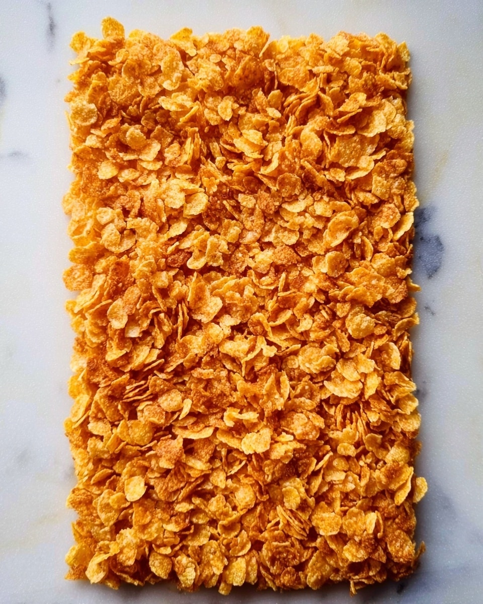 A rectangular layer of crispy, golden orange cornflakes is spread evenly on a white marbled surface. The cornflakes have a rough texture with curved edges and show small variations in color from deep yellow to light brown, giving a crunchy and fresh look. There are no other layers visible, just the single thick layer of cornflakes covering the entire rectangular area. Photo taken with an iphone --ar 4:5 --v 7