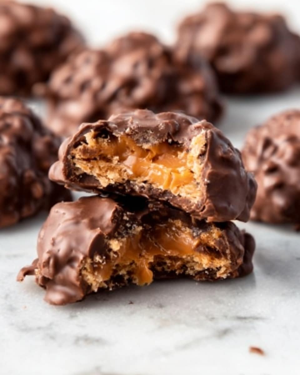 The image shows several round chocolate-covered clusters on a white marbled surface, with one cluster broken in half at the center. Inside the broken cluster, there are two visible layers: a light orange, chewy caramel-like layer on top and a darker, slightly crumbly base layer. The outer chocolate coating is thick, shiny, and slightly rough with small lumps. The background is soft and out of focus, highlighting the texture of the clusters in the front. photo taken with an iphone --ar 4:5 --v 7