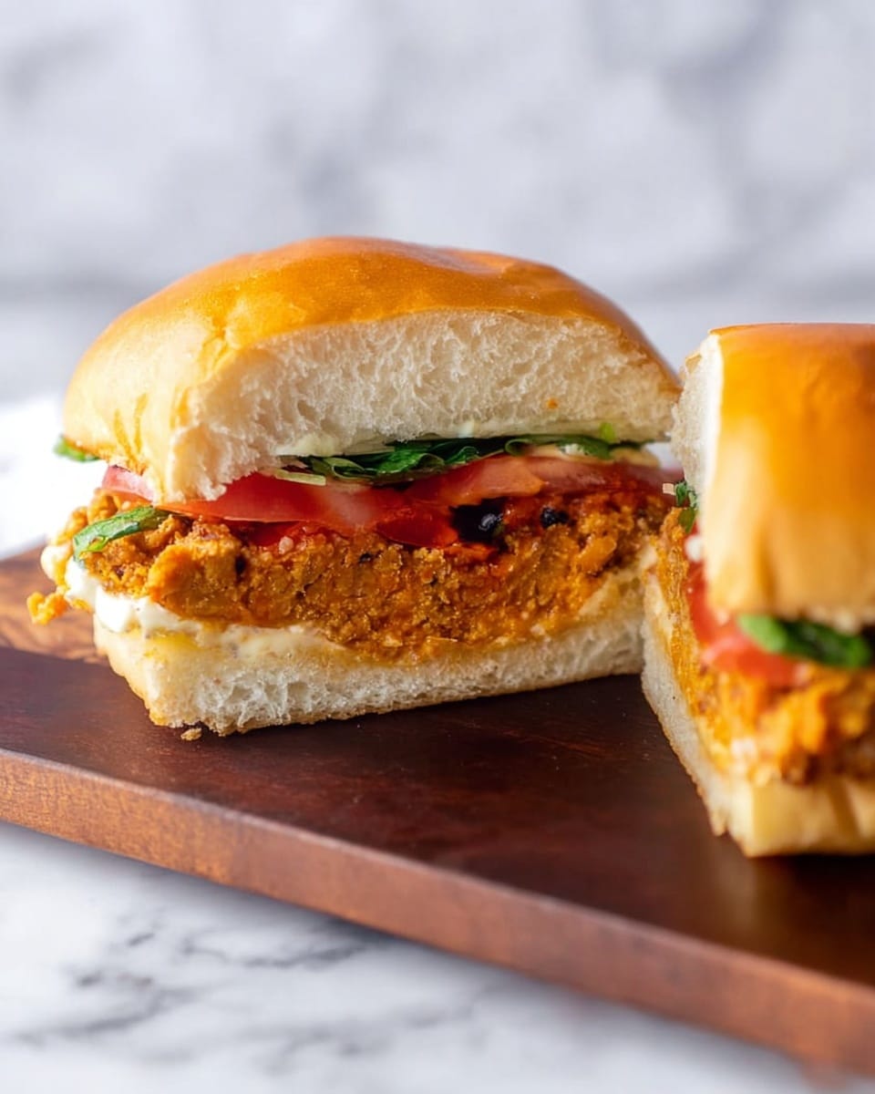 The image shows a sandwich cut in half placed on a dark wooden board, with each half revealing layers inside. The sandwich has a soft, shiny golden-brown top bun with a fluffy texture inside. Beneath the top bun, there is a thick orange-brown patty that looks textured and crumbly. Below the patty, there is a red tomato slice, followed by a few green leafy vegetables at the bottom. The bottom bun is light and fluffy with a pale beige color. The background surface is white marble. Photo taken with an iphone --ar 4:5 --v 7