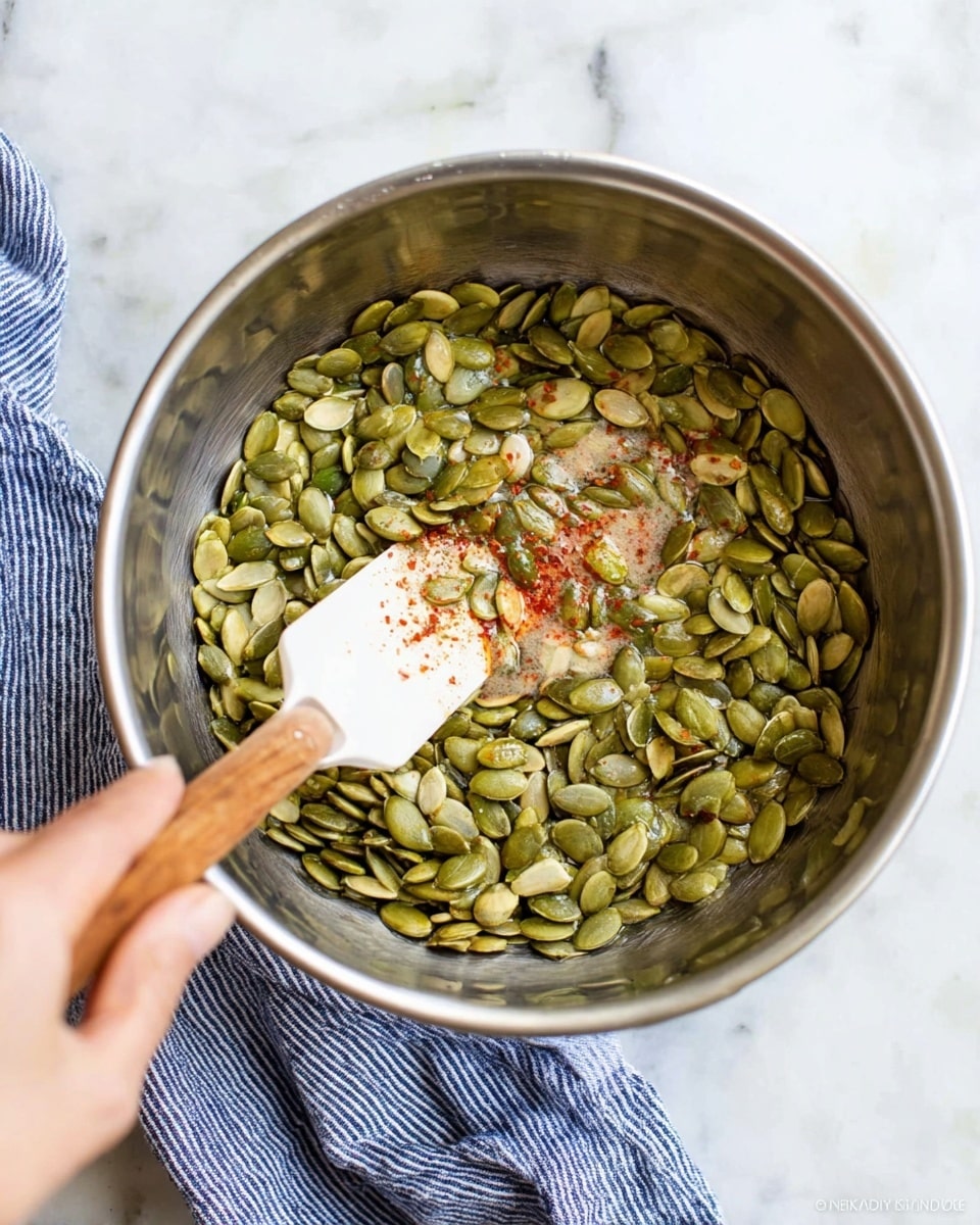 A metal bowl filled with green pumpkin seeds that are being stirred with a white spatula with a wooden handle. The seeds have a shiny texture, and there is a small amount of red seasoning sprinkled on them. A woman's hand is holding the spatula inside the bowl, and the bowl is placed on a white marbled surface with a blue and white striped cloth nearby. photo taken with an iphone --ar 4:5 --v 7
