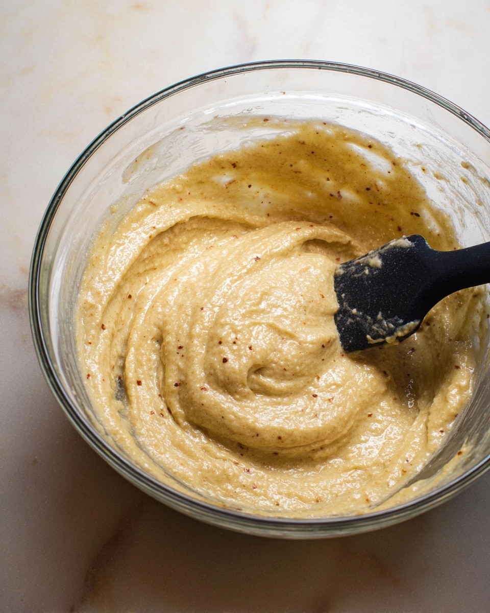 A clear glass bowl filled with a thick, creamy batter that is light yellow with small brown specks throughout. A black spatula is partially dipped into the batter, resting on the left side of the bowl, with batter clinging to it. The bowl is placed on a white marbled surface. The texture of the batter looks smooth and slightly fluffy, with some swirled peaks and ridges from mixing. photo taken with an iphone --ar 4:5 --v 7