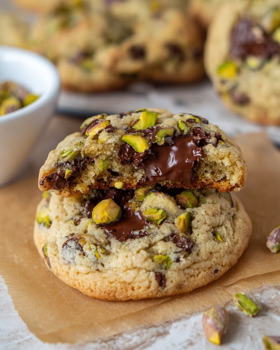 The image shows two large cookies stacked on top of each other on a piece of light brown paper on a white marbled surface. The top cookie is broken in half, revealing a soft, light beige inside with melted dark brown chocolate chunks. Green and yellow pistachio pieces are scattered throughout both cookies, adding small spots of color and texture. In the background, a white bowl with more cookie pieces and pistachios is blurred, along with other whole cookies. The overall look is warm and inviting. Photo taken with an iphone --ar 4:5 --v 7