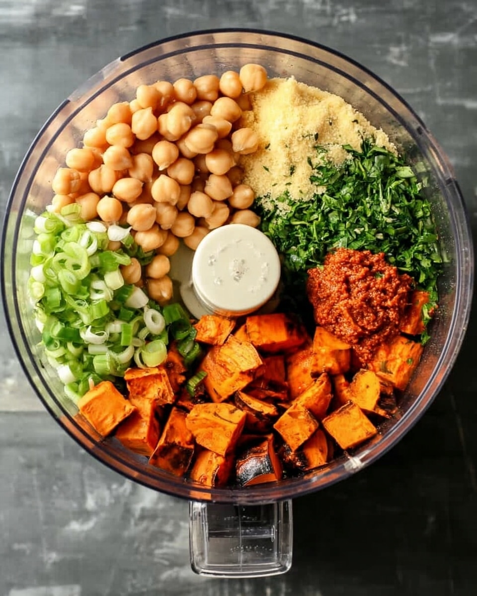A clear food processor bowl is filled with six distinct layers arranged around the center blade. Starting at the top, there are round, beige chickpeas, next to a small pile of grated pale yellow ginger. To the right of the ginger is a mound of chopped green herbs. Below the herbs are charred orange sweet potato chunks, and to the left of them, finely sliced light green scallions. Above the scallions, there is a reddish paste sitting next to the chickpeas. The surface beneath the processor is dark but should be imagined as a white marbled texture. Photo taken with an iphone --ar 4:5 --v 7