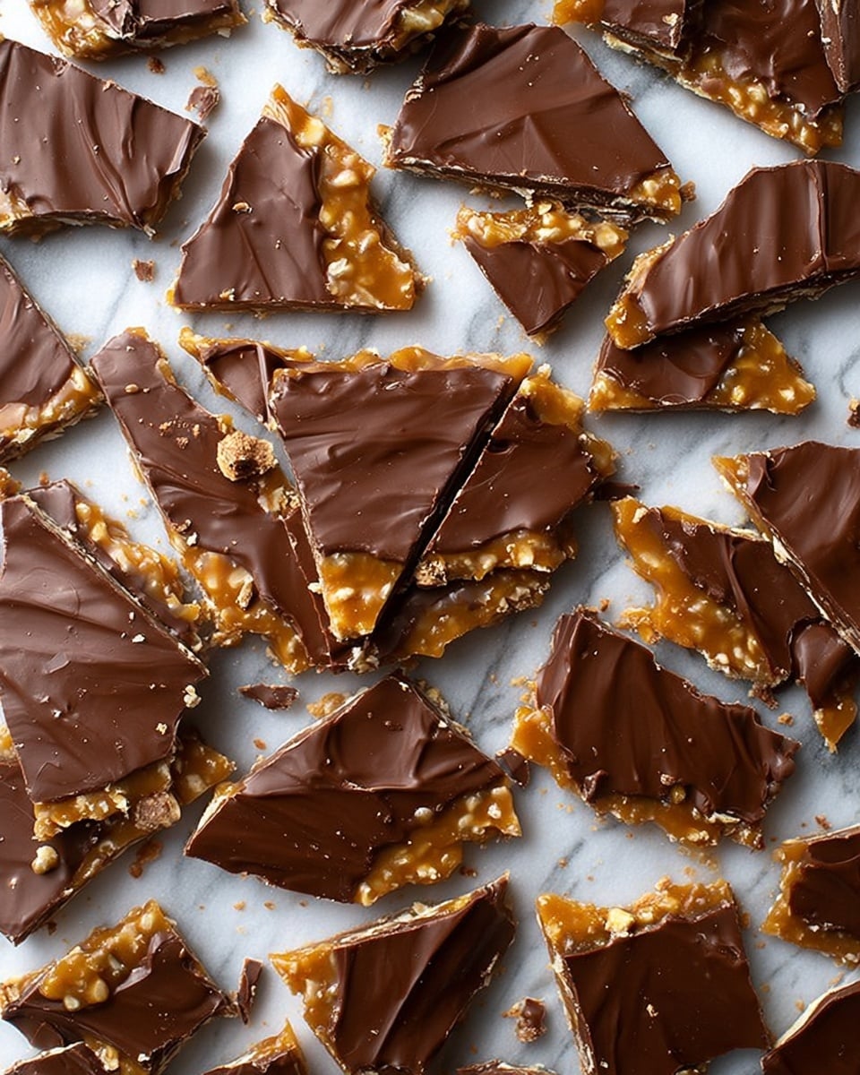 The image shows many pieces of chocolate toffee bark spread out on white parchment paper. Each piece has two visible layers: a dark brown chocolate layer on top with a smooth, slightly swirled texture, and underneath, a golden caramel toffee layer mixed with small bits of nuts, giving it a crunchy look. The pieces vary in shape and size, with some edges showing broken bits and crumbs scattered around. The background is a white marbled texture. photo taken with an iphone --ar 4:5 --v 7