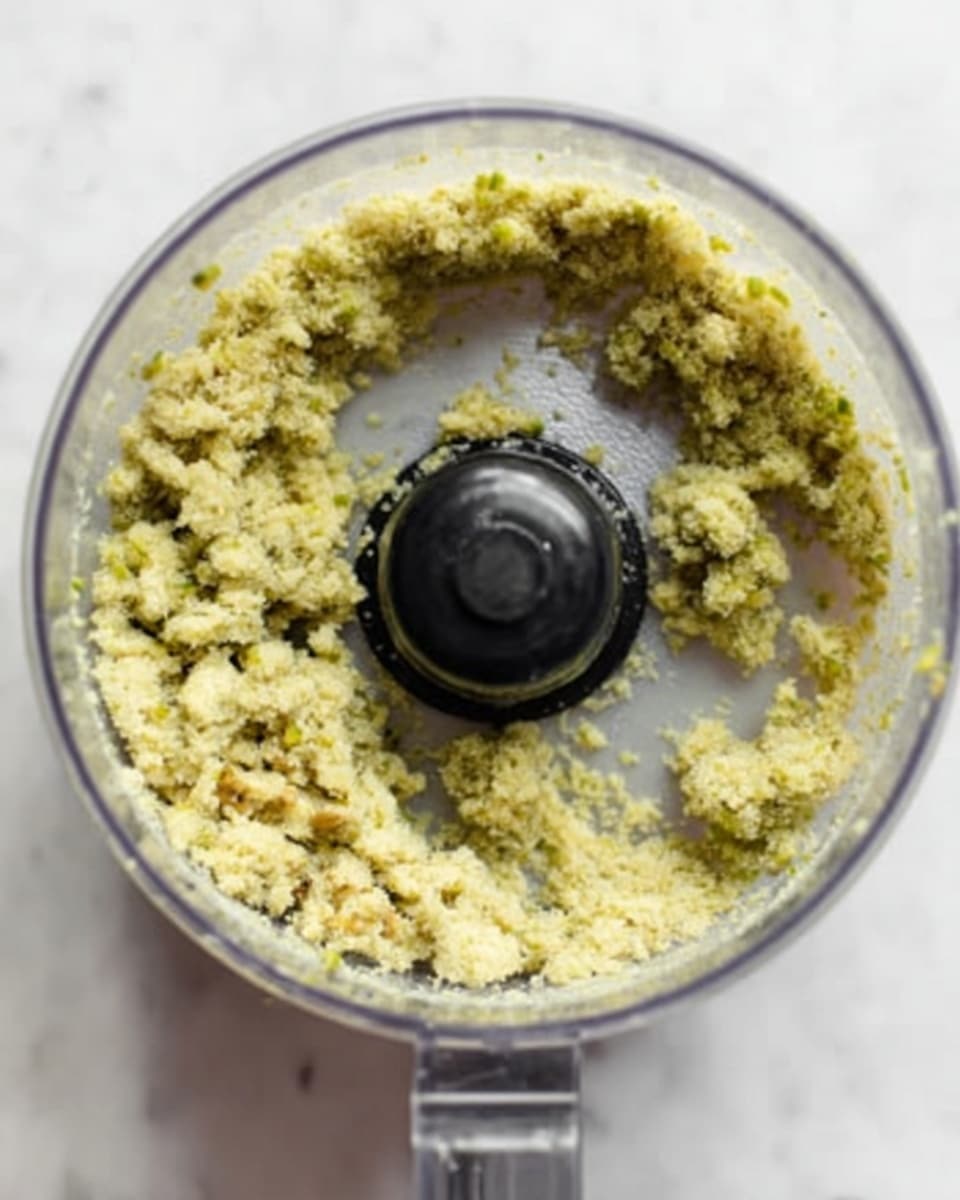 Inside a clear round food processor bowl with a black center blade, there is a crumbly, pale green mixture spread unevenly around the blade’s base and walls. The texture looks coarse and sticky, with small bits loosely clumped together. The food processor is placed on a white marbled surface. Photo taken with an iphone --ar 4:5 --v 7