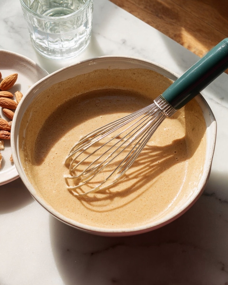 A close-up of a light brown batter with a smooth texture in a large white bowl, with a metal whisk with a dark green handle resting inside the bowl. The scene shows soft daylight with shadows on a white marbled surface, a glass of water in the background, and part of a white plate with some nuts on the left side. The batter fills about half of the bowl. Photo taken with an iphone --ar 4:5 --v 7