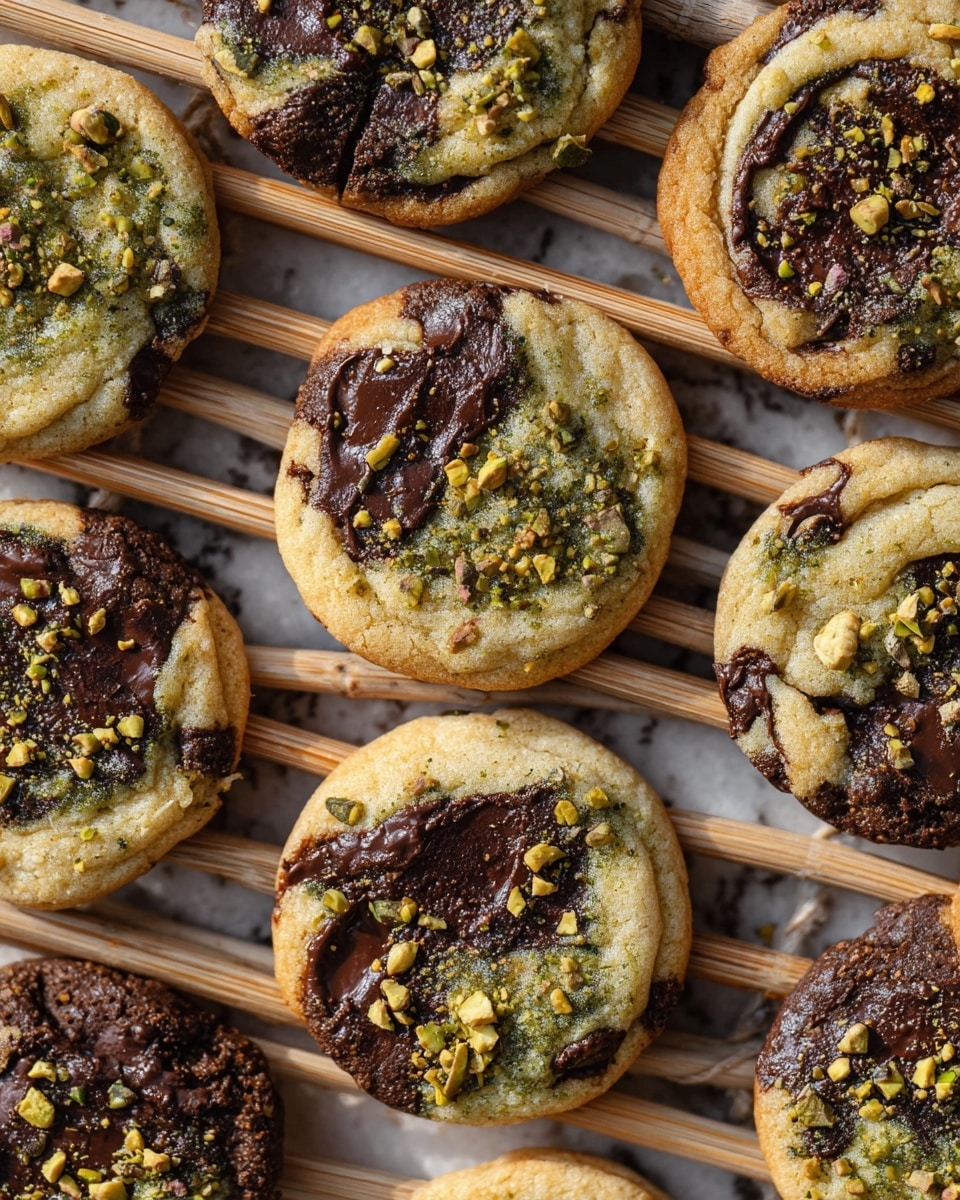 The image shows multiple round cookies arranged on a wooden rack with thin rods spaced evenly. Each cookie has a golden brown base with a soft, slightly cracked texture. They have patches of melted dark chocolate scattered on top, creating irregular dark areas. Also, there are greenish swirls and small crushed pistachio nuts sprinkled over the cookies, adding little pops of color and texture. The cookies look thick and chewy with slightly raised edges. The background is a white marbled texture. photo taken with an iphone --ar 4:5 --v 7