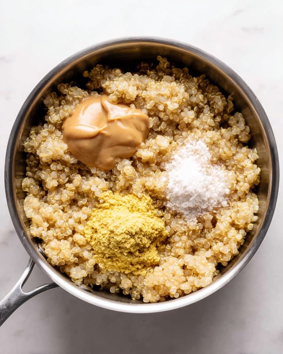 A close-up view of a metal saucepan filled with cooked quinoa, showing a fluffy and slightly grainy texture with pale beige and light brown colors as the base layer. On top of the quinoa, there are three small dollops arranged in a triangle: a smooth, creamy light brown sauce on the left, a coarse bright yellow paste at the bottom center, and a coarse white salt pile on the right. The saucepan rests on a white marbled surface. photo taken with an iphone --ar 4:5 --v 7