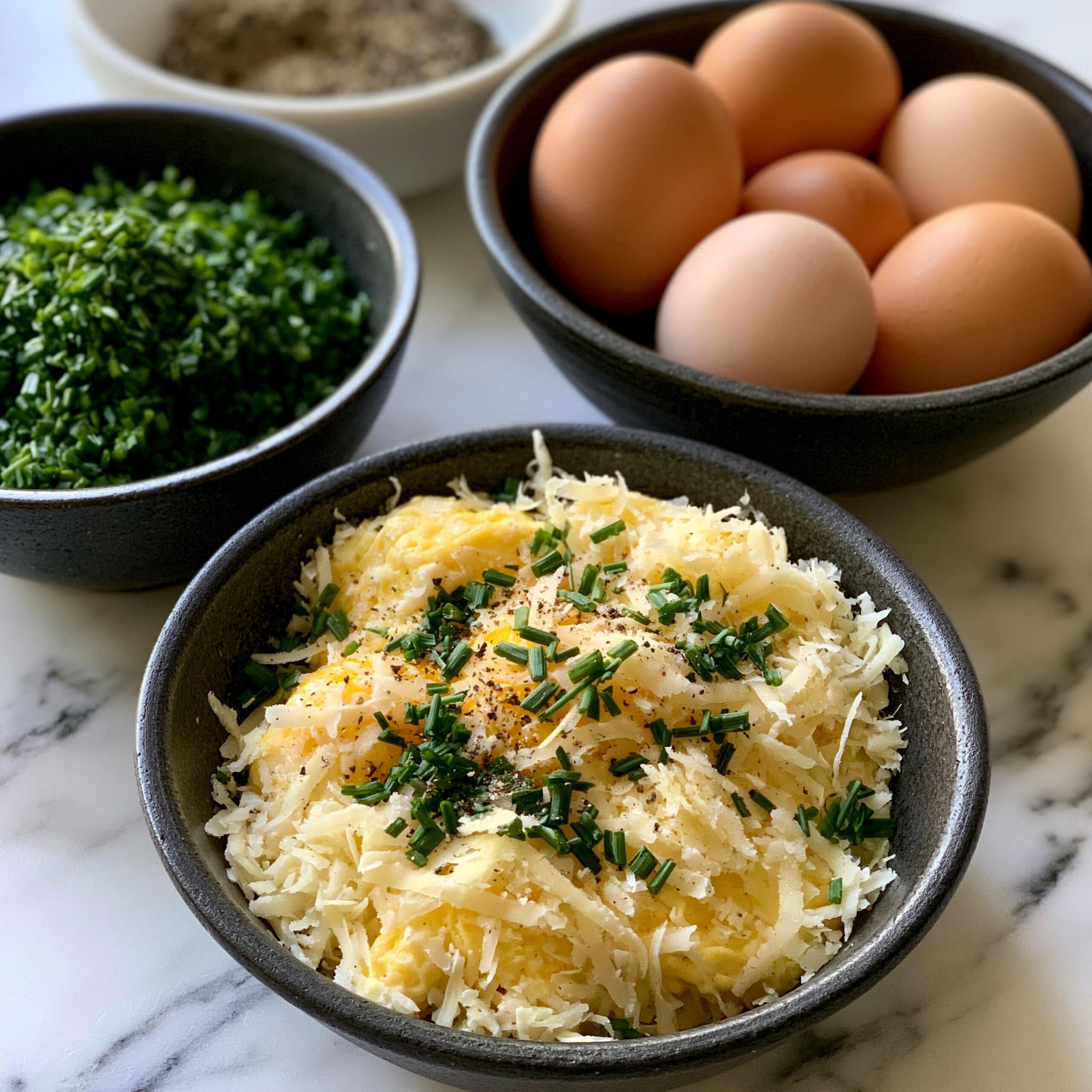 The image shows two fried egg nests on a white marbled surface. Each nest has a textured base layer of cooked white with green herbs and small bits of red pieces, topped with a bright yellow yolk in the center. One nest is on white parchment paper with a yolk dripping slightly onto the surface, creating a glossy pool. Behind it, two more nests sit stacked on a white plate, with a fork resting on the plate’s edge. The overall look is fresh and colorful with a mix of smooth yolk and rough textured white, photo taken with an iphone --ar 4:5 --v 7