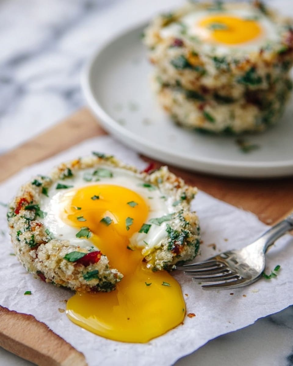 A fluffy, cloud-like egg dish with a bright yellow yolk sitting in the middle of a white, textured egg white base mixed with small green herbs and red bits scattered evenly. The dish is scooped up with a silver spatula above a wooden cutting board, while a white plate with another similar egg portion is blurred in the background. The overall colors are warm and inviting, with a soft focus on the egg in the spatula. The scene is set on a white marbled surface. photo taken with an iphone --ar 4:5 --v 7