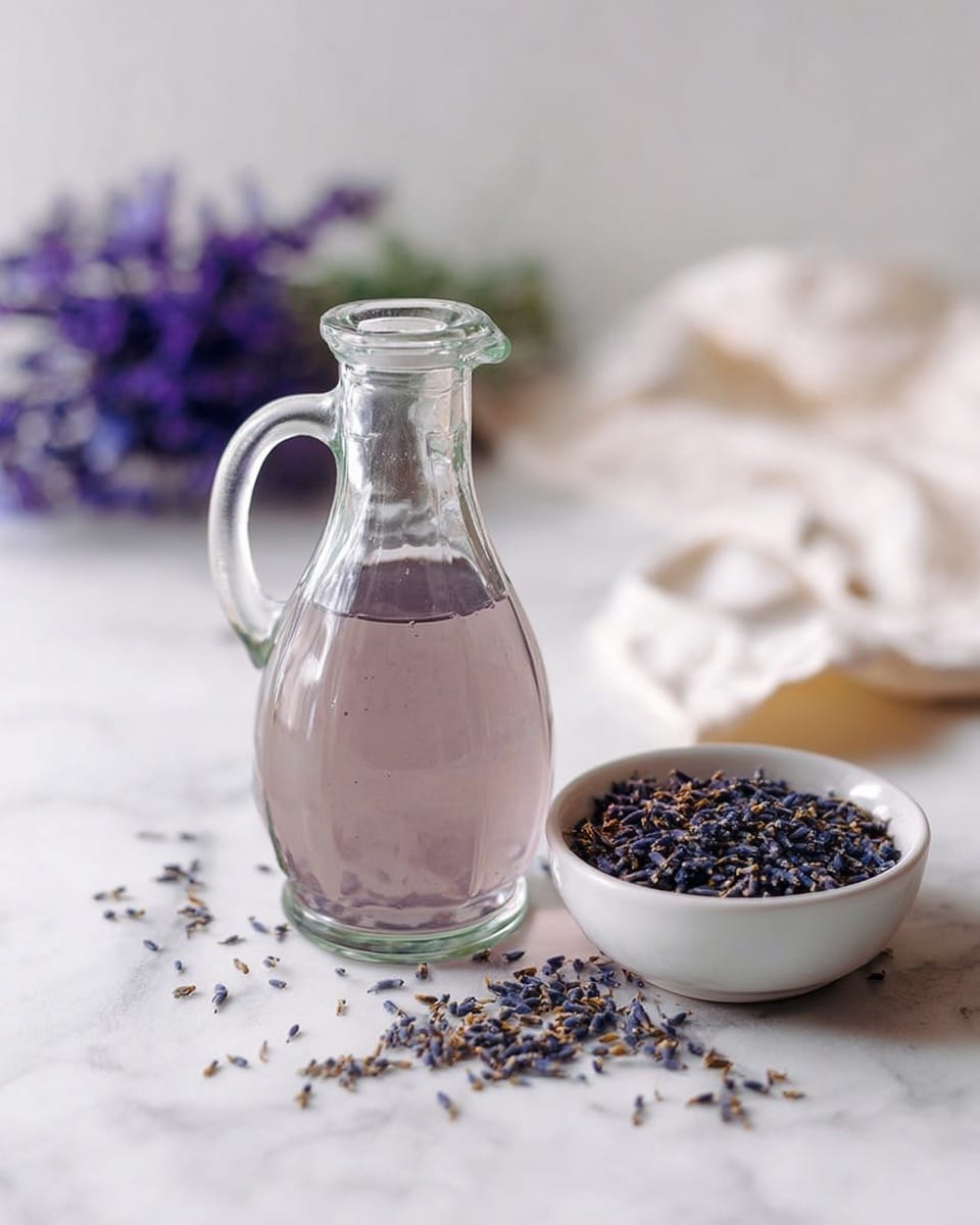 The image shows a clear glass bottle with a handle, filled with a light purple liquid, sitting on a white marbled surface. Next to the bottle, on the bottom right, there is a small white bowl filled with dried purple lavender flowers. Some dried lavender pieces are scattered on the white marbled surface in front of the bottle and bowl. In the background, blurred purple flowers and a white cloth are visible, adding a soft and calm atmosphere. The photo taken with an iphone --ar 4:5 --v 7